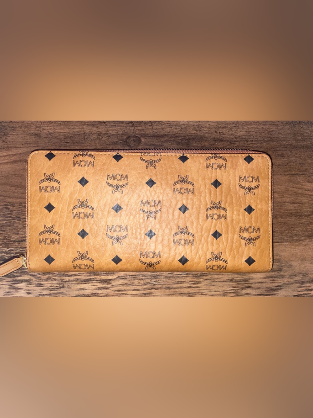 MCM Cognac Logo Zip Wallet in Tan and Black